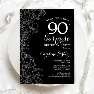 Invitation Floral Black White Surprise 90e fête d'anniversair