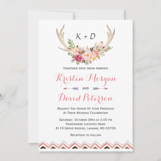 Invitation Floral Blanc Antler Ethnic Boho Decor Mariage (Devant)