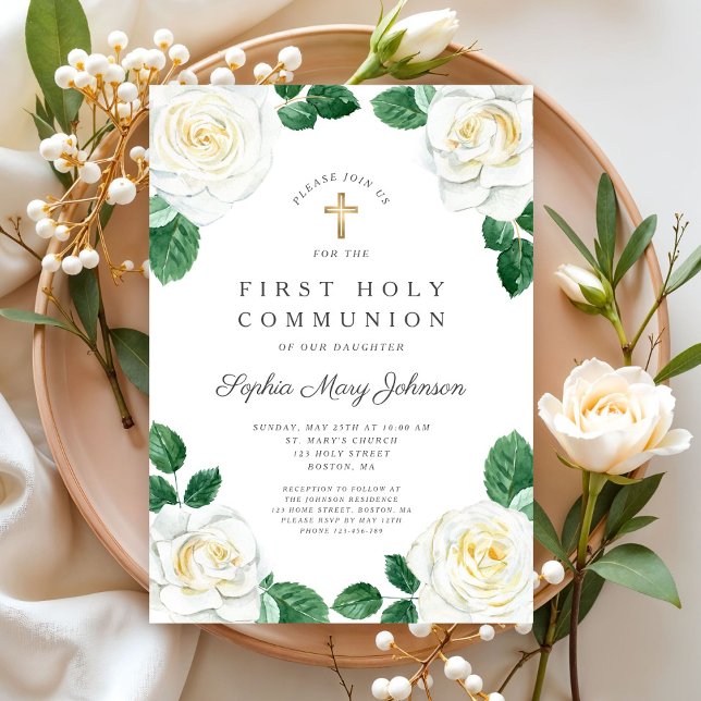 Invitation Floral Blanc Aquarelle Rose Fille Première Communi (Floral White Watercolor Roses Girl First Communion Invitation)