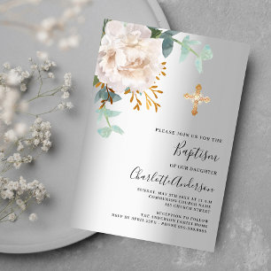 Invitation Floral blanc argent vert croix baptême