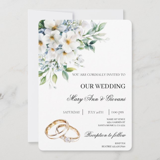 Invitation Floral blanc avec anneau d'or Mariage (Devant)