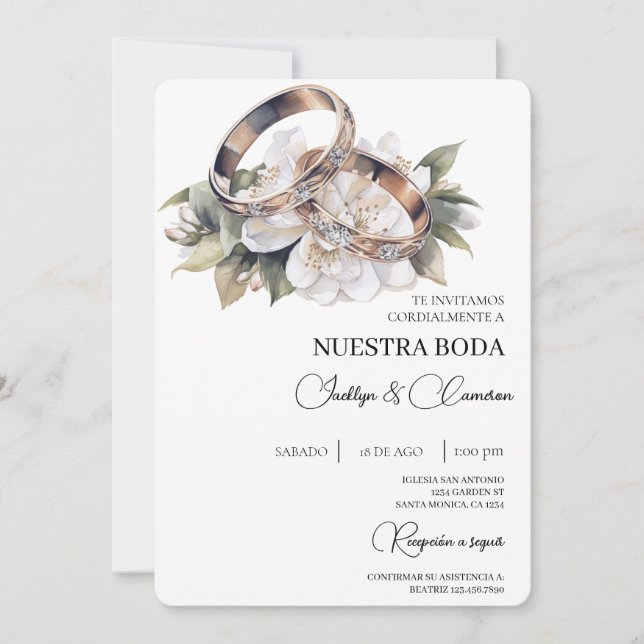 Invitation Floral blanc avec anneau Mariage espagnol (Devant)
