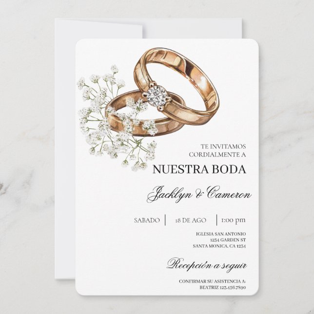 Invitation Floral blanc avec anneau Mariage espagnol (Devant)
