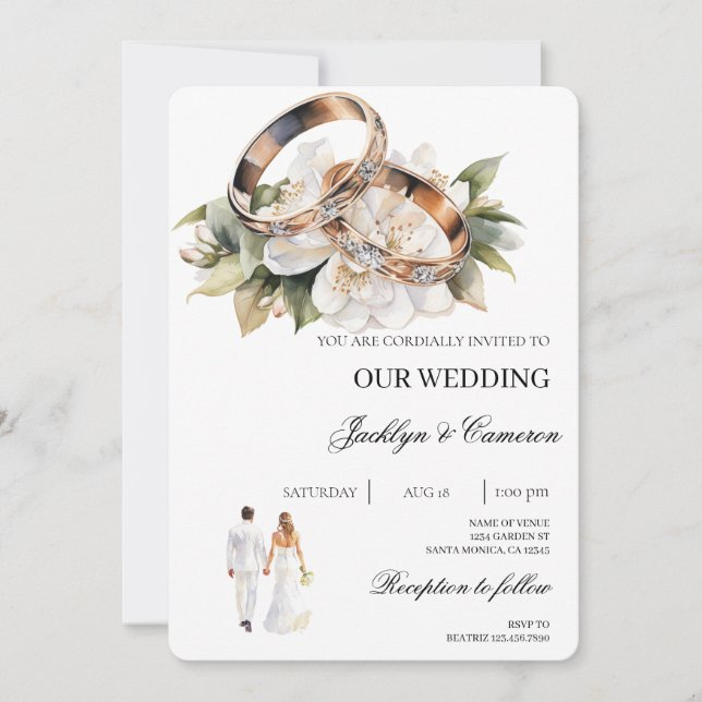 Invitation Floral blanc avec Mariage anneau (Devant)