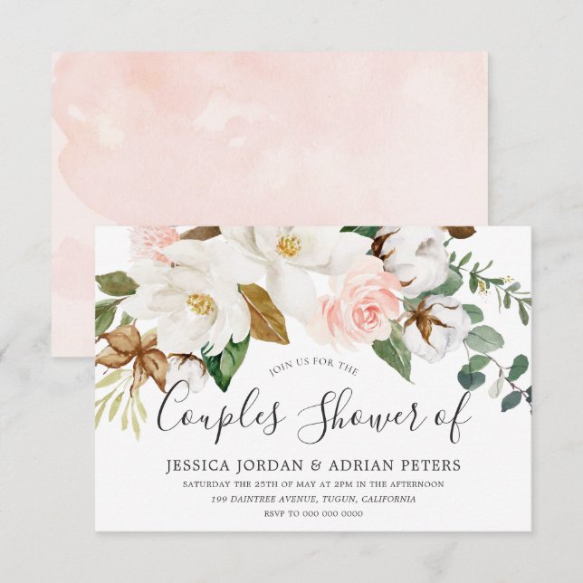 Invitation Floral Blanc & Blush Toutes les saisons Couples Do (Devant / Derrière)