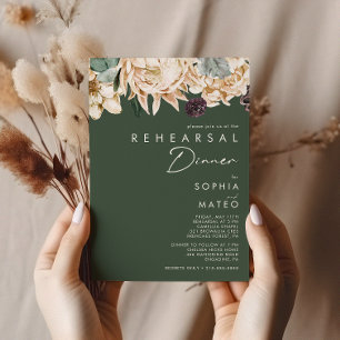 Invitation Floral blanc   Dîner de répétition vert foncé