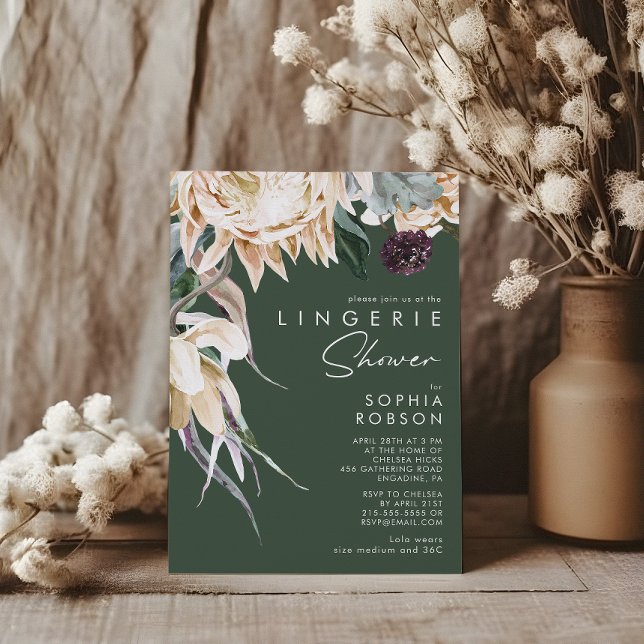 Invitation Floral blanc | Douche Lingerie Vert foncé (Créateur téléchargé)