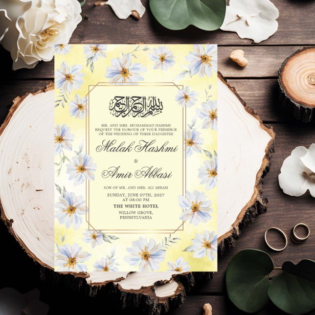 Invitation Floral blanc et Mariage musulman jaune (Créateur téléchargé)