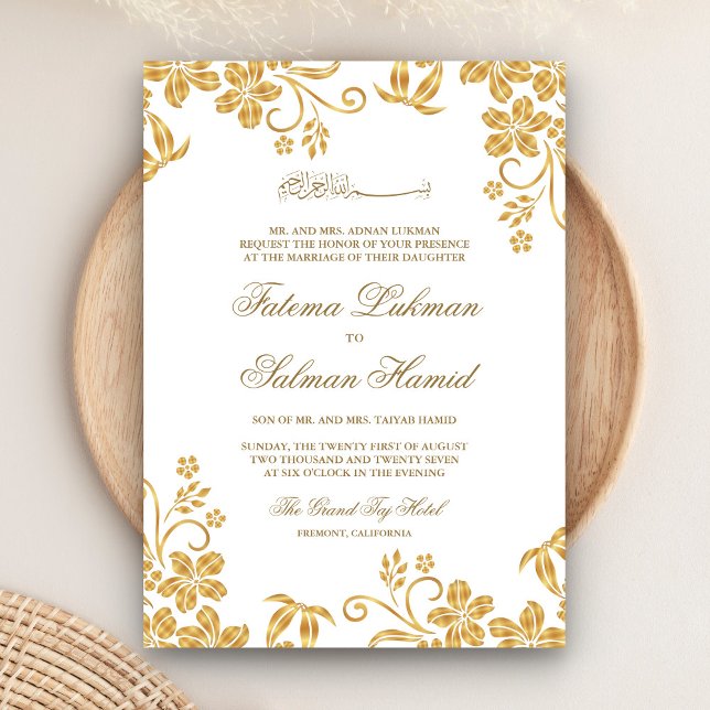 Invitation Floral blanc et or Mariage musulman musulman musul (Créateur téléchargé)