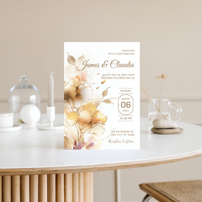 Invitation Floral blanc et or Rustique moderne Mariage doré (Golden floral chic wedding Invitation)