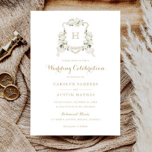 Invitation Floral Blanc Hydrangea Crest Or Monogramme Mariage