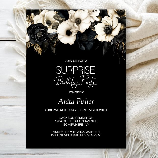 Invitation Floral Blanc Noir N'Importe Quel Âge Surprise Anni (Créateur téléchargé)