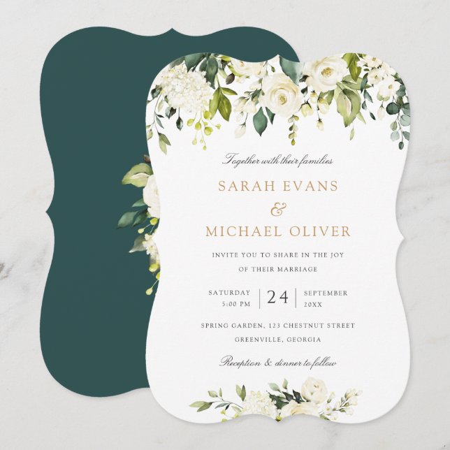 Invitation Floral Blanc Romantique Verdure Élégante Mariage (Devant / Derrière)