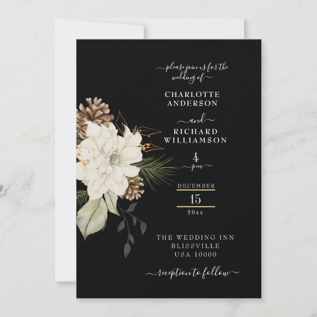 Invitation Floral blanc rustique avec Ion noir Pinecone (Devant)