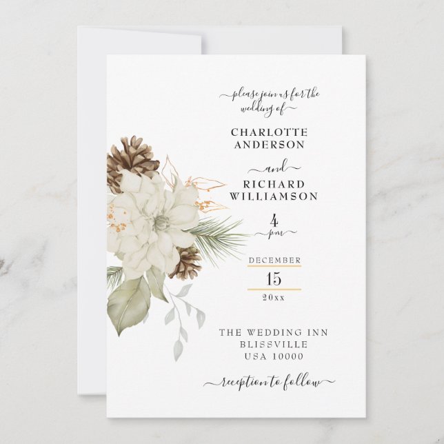Invitation Floral blanc rustique avec Pinecone (Devant)