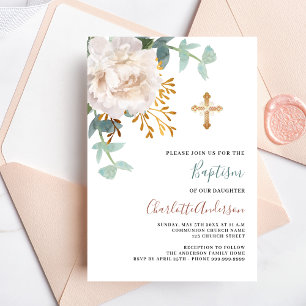 Invitation Floral blanc verdure or croix baptême