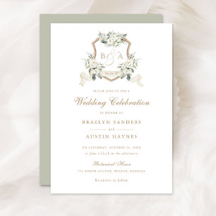 Invitation Floral Blanc vert Mariage Monogram Crest