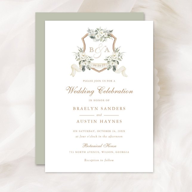 Invitation Floral Blanc vert Mariage Monogram Crest (Créateur téléchargé)