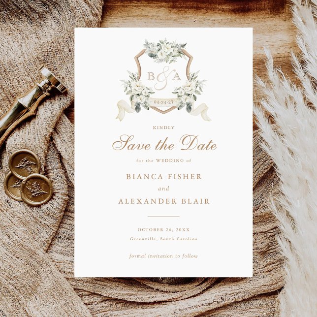 Invitation Floral Blanc Vert Sage Crest Enregistrer la date (Créateur téléchargé)