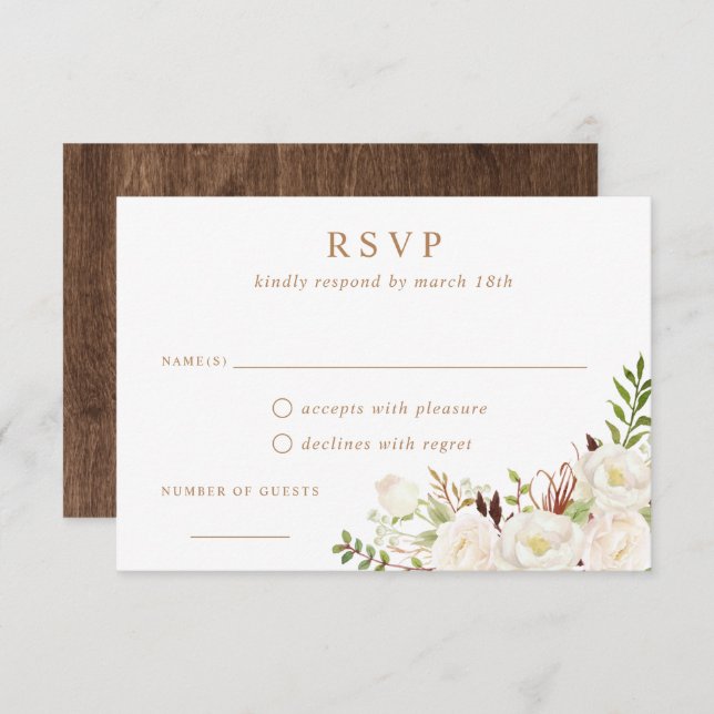 Invitation Floral Blanc Vert vert Rustique Bois Mariage RSVP (Devant / Derrière)