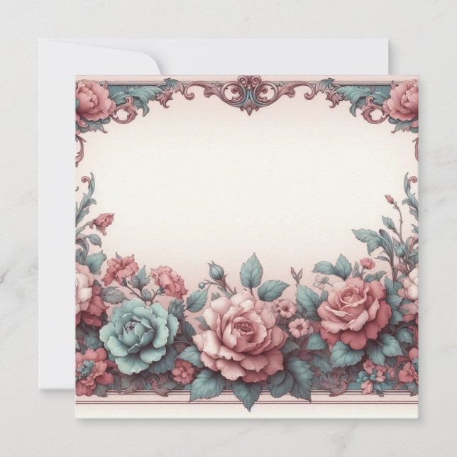 Invitation Floral Blank Card Modèle, Dusty Rose Turquoise (Devant)