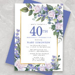 Invitation Floral bleu blanc or 40e anniversaire<br><div class="desc">Faites honneur à une femme spéciale avec cette invitation élégante et féminine à la fête du 40e anniversaire. La 40ème est écrite en gros texte bleu. La célébration d'anniversaire suit. Le nom de l'invité honoré est également en lettres majuscules bleues. Le reste du texte est doucement gris colombe. Les détails...</div>