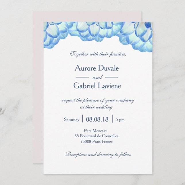 Invitation Floral bleu blanc roux fleurs pétales mariage (Devant / Derrière)