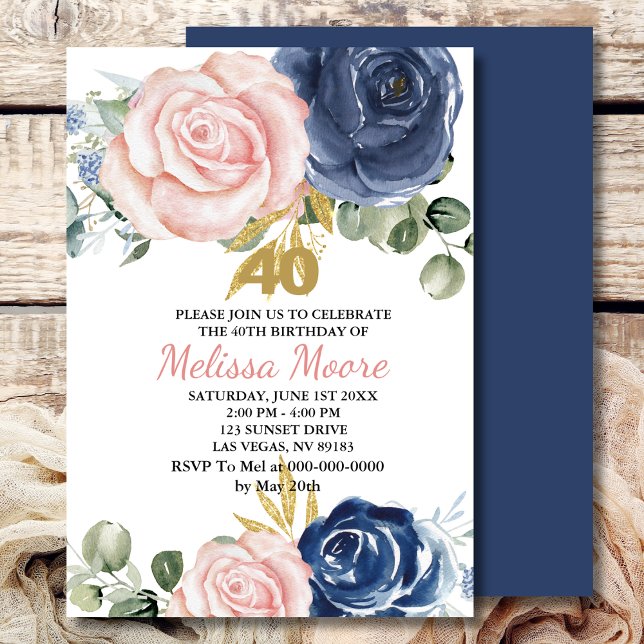 Invitation Floral bleu bleu marine rose pâle 40e anniversaire (Créateur téléchargé)