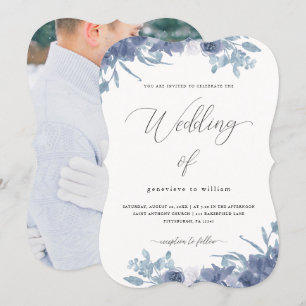 Invitation Floral bleu chic avec Calligraphie Mariage photo