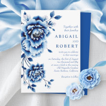 Floral bleu Chinoiserie fleurs de pivoine mariage
