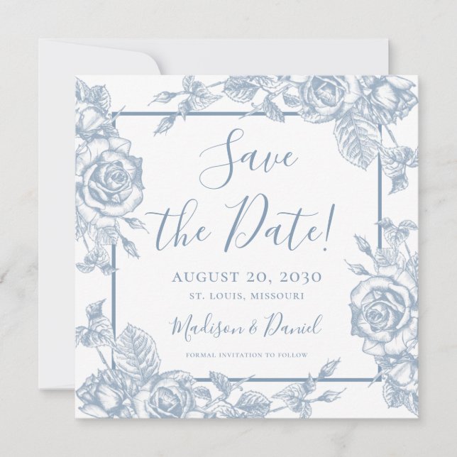 Invitation Floral Bleu Dusty Enregistrer La Date (Devant)