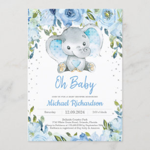 Invitation Floral bleu et joli éléphant Baby shower Boho