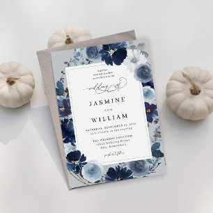 Invitation Floral bleu et marine sur Mariage gris bleu