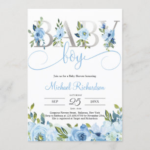 Invitation Floral bleu et saumon argenté