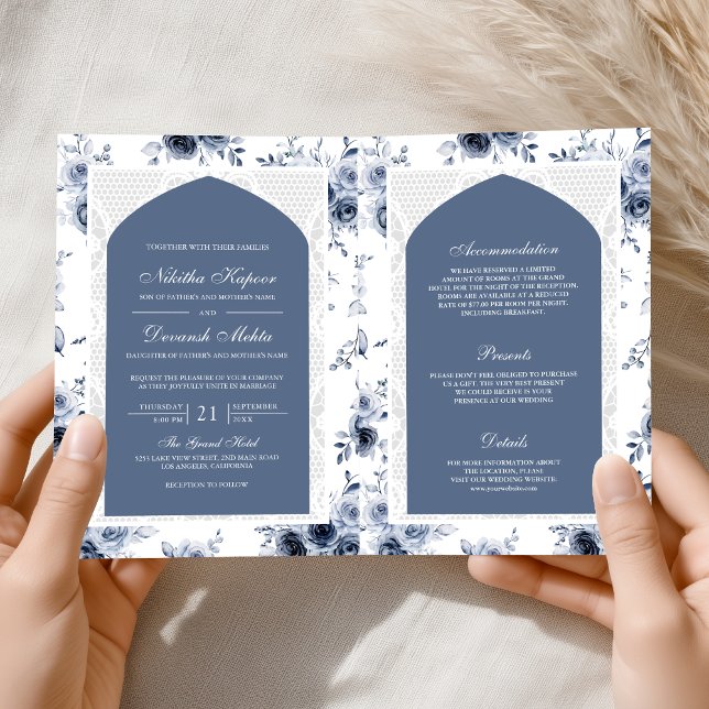 Invitation Floral bleu foncé tout en une dentelle Mariage ind (Créateur téléchargé)