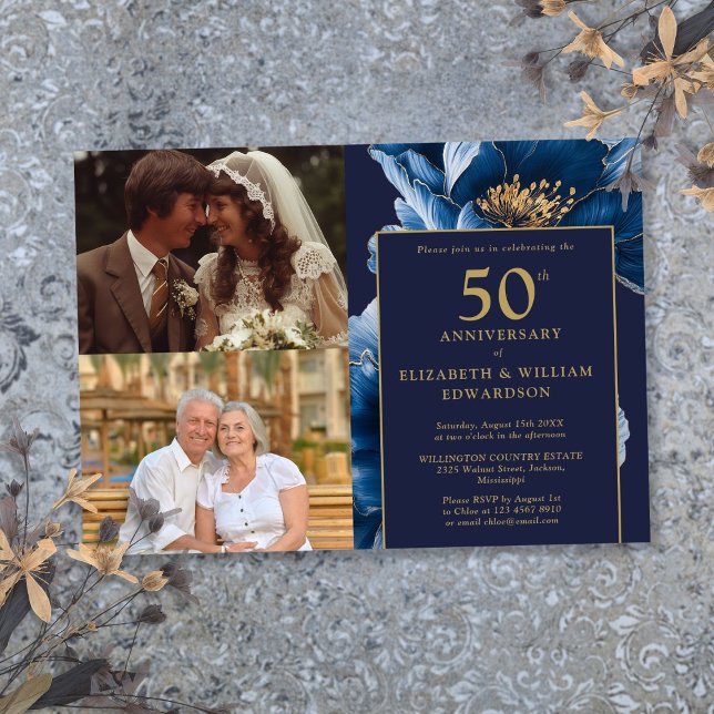 Invitation Floral bleu hier et aujourd'hui 50e anniversaire 2 (Blue Floral Then And Now 50th Anniversary 2 Photo Invitation)