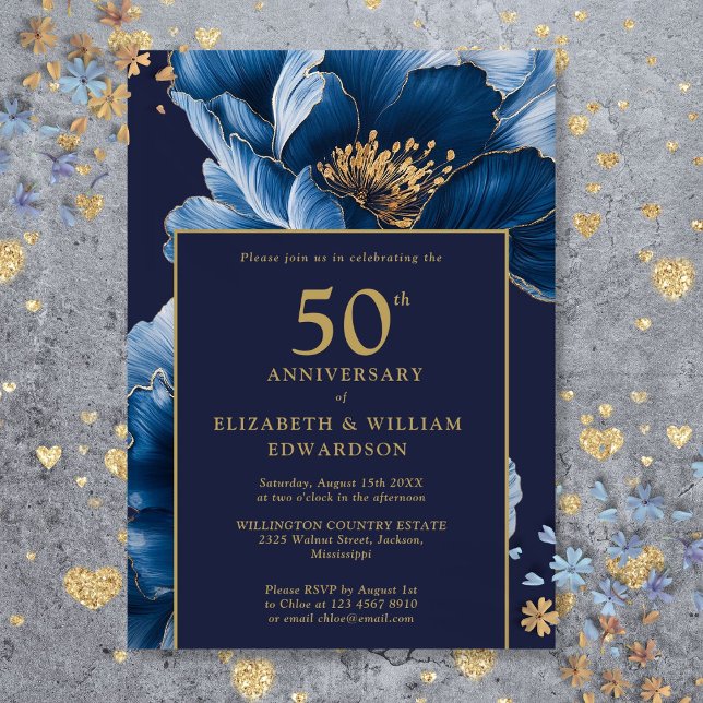 Invitation Floral bleu marine moderne Elégant 50e anniversair (Modern Navy Blue Floral Elegant 50th Anniversary Invitation)