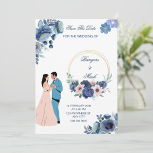 Invitation Floral bleu minimal avec couple Mariage