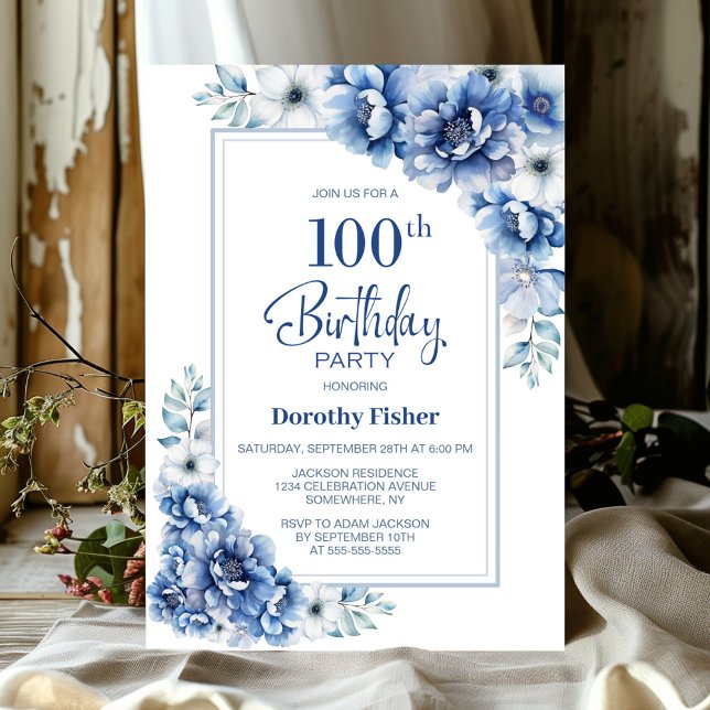 Invitation Floral bleu moderne 100e fête d'anniversaire (Créateur téléchargé)