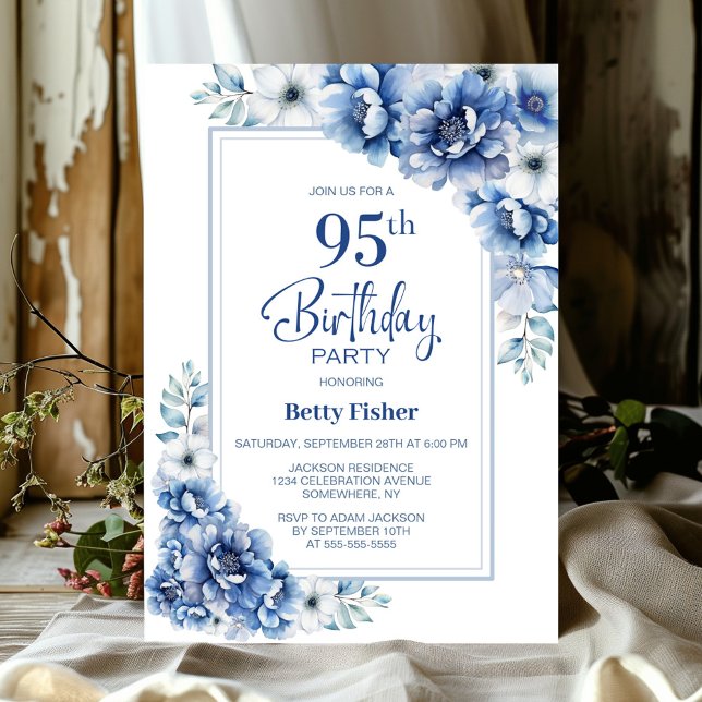 Invitation Floral bleu moderne 95e fête d'anniversaire (Créateur téléchargé)