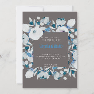 Invitation Floral bleu moderne et blanc encadré Mariage gris
