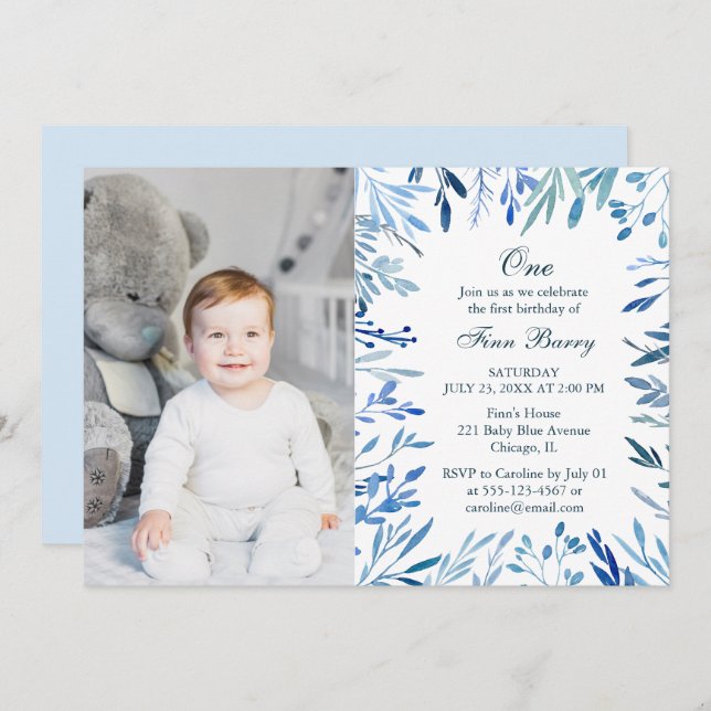 Invitation Floral bleu moderne garçon 1er anniversaire Photo (Devant / Derrière)