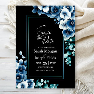 Invitation Floral bleu moderne Noir Enregistrer la date