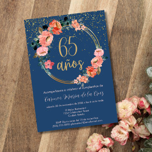 Invitation Floral bleu or espagnol 65e fête d'anniversaire