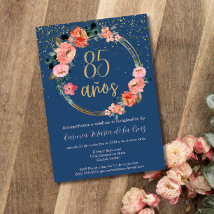 Invitation Floral bleu or rose espagnol 85ème anniversaire