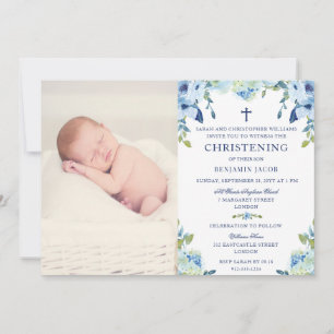 Invitation Floral bleu poussiéreux avec baptême photo
