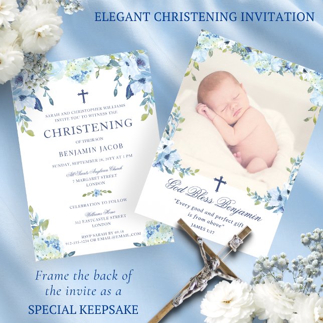 Invitation Floral bleu poussiéreux avec baptême photo (Créateur téléchargé)