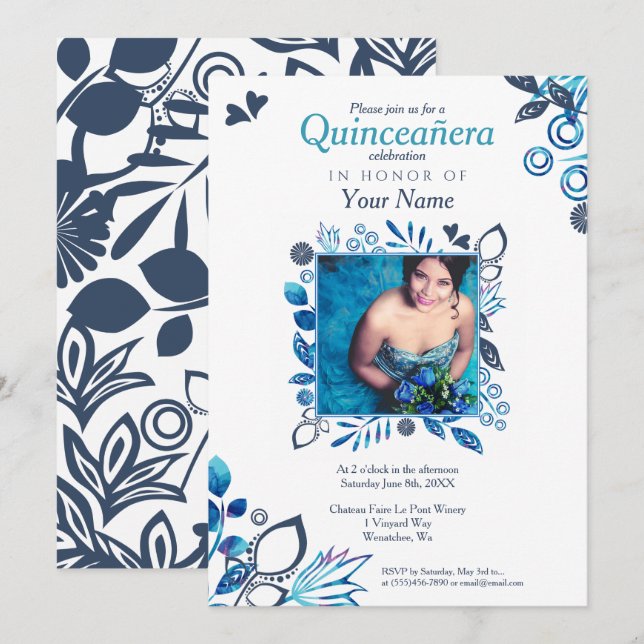 Invitation Floral bleu Quinceañera (Devant / Derrière)