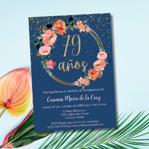 Invitation Floral bleu rose espagnol 79e anniversaire