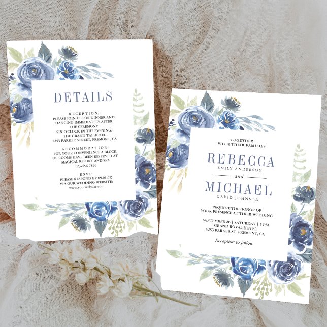 Invitation Floral bleu roux tout en un Mariage (Créateur téléchargé)